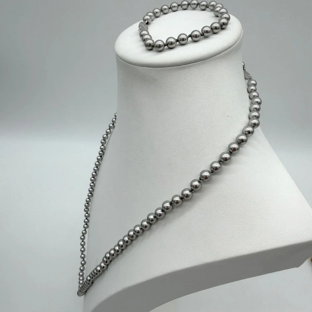 Vintage‎ Monet Gray Pearl Necklace & Bracelet Set Knotted Signed Silver Tone